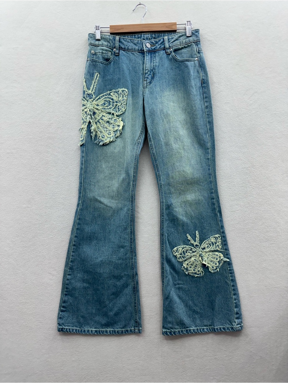 BDG Women’s 26 Low Rise Flare Butterfly Appliqué Denim Jeans Festival